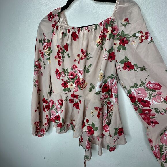 NWT Leith Pink Adobe Taupe Pink Red Floral Print Bell Sleeve Ruffle Wrap Top S - Picture 7 of 14